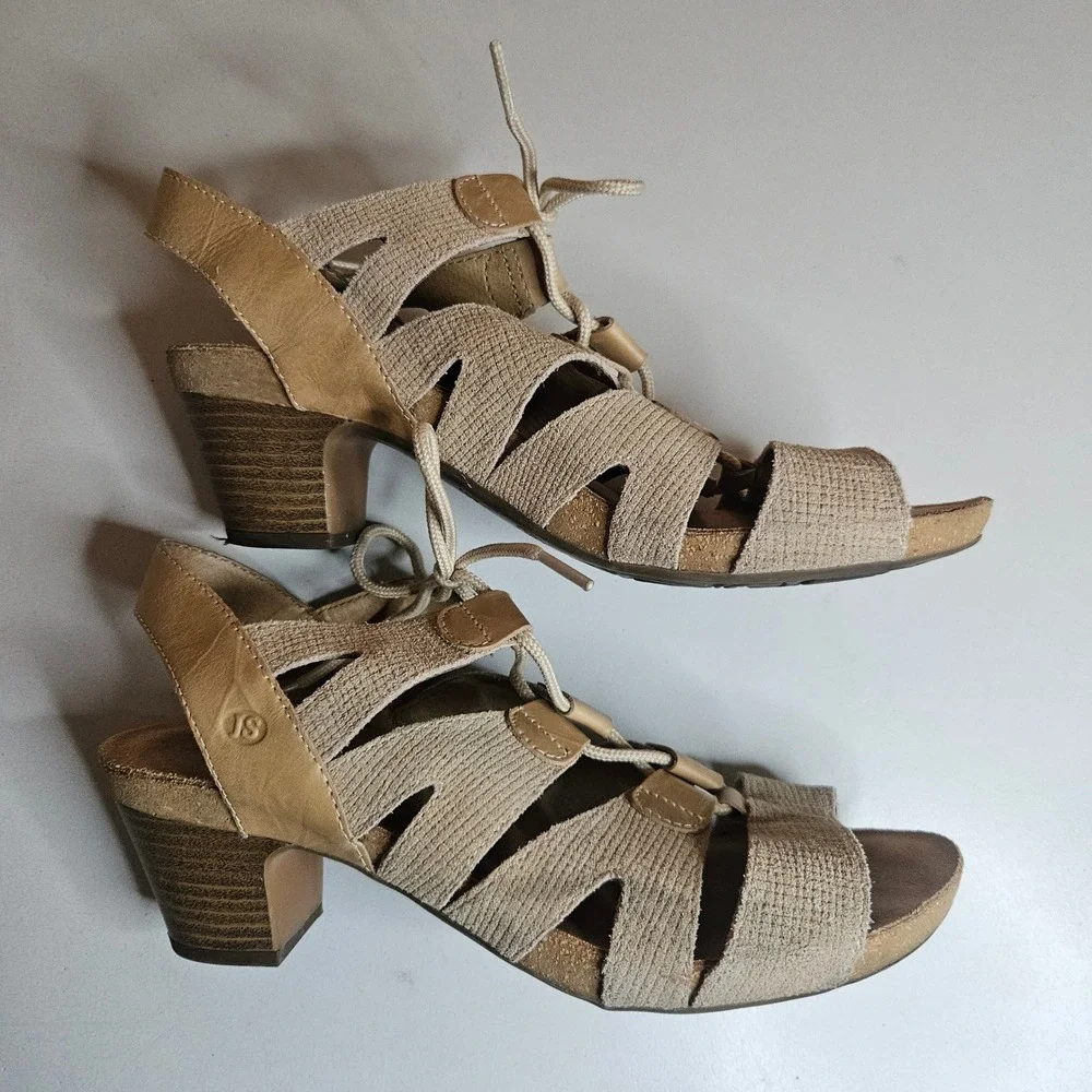 Josef Seibel Tonga Beige Leather Lace Up Strappy Sandal Heel‎ Womens 39 US 8 8.5